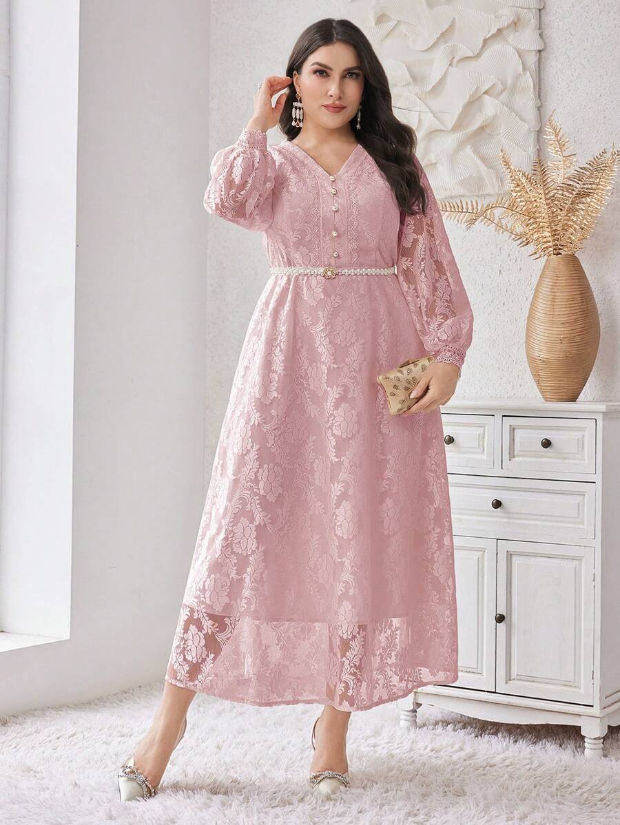 Modelyn Plus Size Women's Solid Color Simple Daily Lace Decorated Dress,Elegant Evening Party Dress Long Evening Dresses - Dusty Pink - View 1