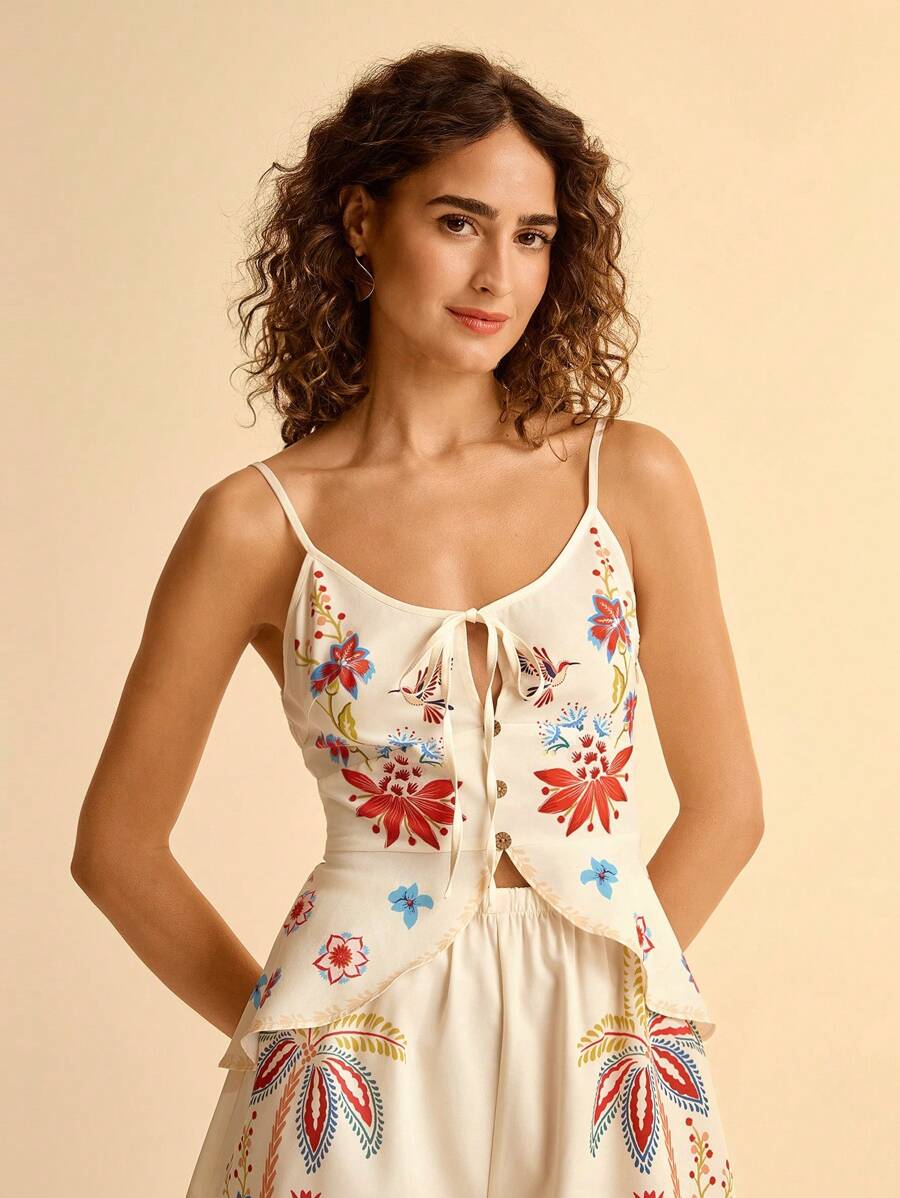 CAJUNI Vacation Casual Colorful Floral & Bird Print Tie-Up Ruffle Hem Women Tank Top - Multicolor - View 1