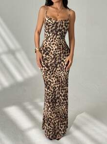 SHEIN PETITE 女士长款休闲连衣裙，简约时尚豹纹吊带，日常穿着，猎豹印花连衣裙 - 彩色 - 查看 9