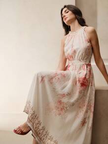 Anewsta Spring/Summer Elegant Floral Print Halter Neck Waisted Women's Maxi Dress - Apricot - View 6