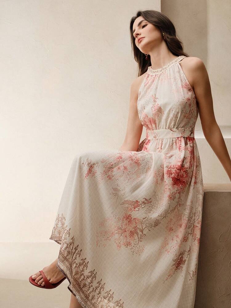 Spring/Summer Elegant Floral Print Halter Neck Waisted Women's Maxi Dress