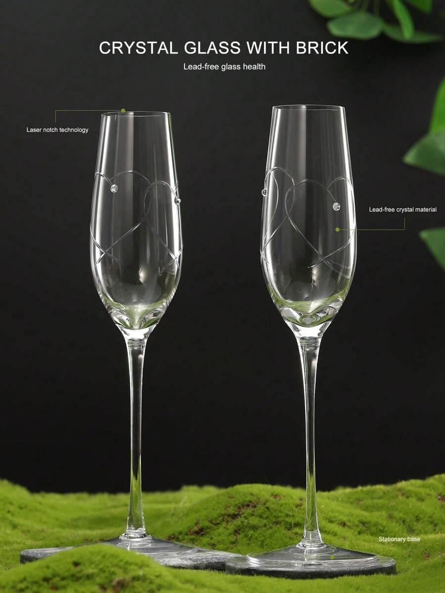 2PCS创意雕花钻石水晶玻璃高脚香槟杯，雕刻工艺，双爱L型图案，轻奢复古，适用于婚礼，情人节，永恒爱情，节庆礼品，餐厅，宴会，派对，酒吧，特殊场景，水晶玻璃高脚香槟杯 - 彩色 - 查看 1