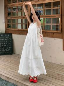 FRIFUL فستان نسائي بأكمام بلا أكمام مع ربطة عنق، مطرز، خصر ضيق، فستان طويل متدفق، ملابس شاطئية للسيدات