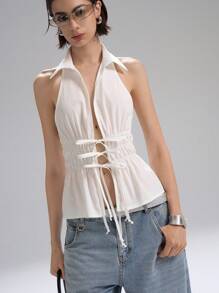 LYSMO White Summer Seksi Chic Club Night Women's Halter Neck Backless Gathered Waist Slim-Fit A-Line Tie-Front Shirt,Siren Chic Office Casual Workwear Top - White - View 4