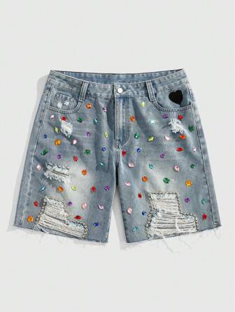 Pantalones cortos de mezclilla para hombre con bolsillo con cristales engastados y bordes deshilachados