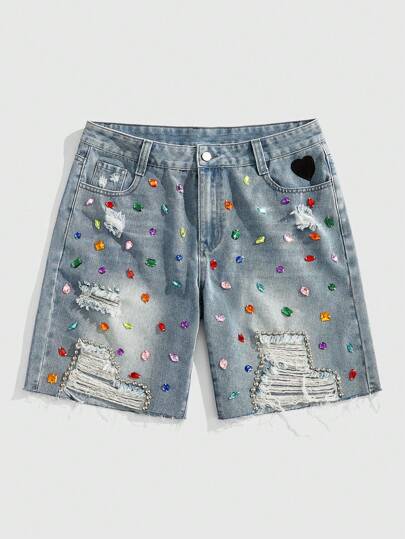Street Life Herren Jeans Shorts mit zerstörter Optik, Kristall-Verzierung an der Tasche und ausgefranstem Rand