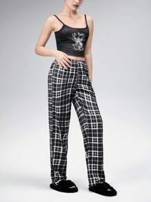 ROMWE Gothic/Punk Style Cat Graphic Camisole & Plaid Print Pants Pajamas Set - Black - View 5