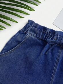 SHEIN Solid Color Knotted Paper Bag Waist Pocket Summer Casual Denim Shorts - Dark Wash - View 4