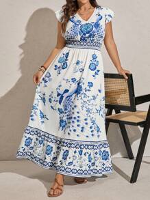 Comfylo Abito lungo stile cinese blu e bianco a fantasia, taglia larga, abiti bohémien estivi