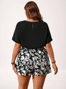 SHEIN LUNE Damen Urlaubs-Set in Großen Größen mit einfarbiger Fledermausärmel Bluse und Shorts mit Blume Muster, 2 Stücke - Schwarz - Übersicht 2