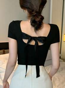 DAZY Women's Summer Backless Tie Strap Bow Sexy Casual Black T-Shirt,Crop Tops Women