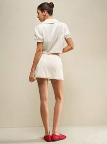SHEIN Unity 女士两件套服装，纯色短款泡泡袖纽扣衬衫和超短裙，夏季 - 杏色 - 查看 6