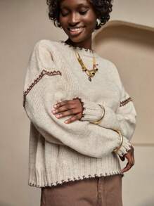 Bóhologie Suéter cálido y acogedor de calidad premium con ribete de contraste para mujer