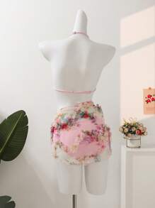 Conjunto de bikini con estampado floral y Bottom blanca contrastante para niñas preadolescentes, que acentúa la silueta de verano y irradia un ambiente seductor
