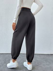 SHEIN PETITE Cone Shaped Women Suit Pants With Detailed Waist - Dark Grey - View 2