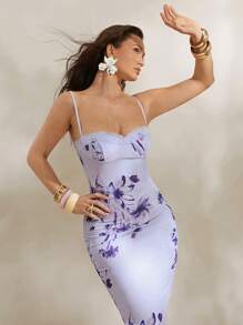 Silquee Vestido slim fit con estampado floral y aplicaciones de encaje