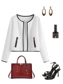 Ellevyn Contrast Trim Zip Detail Coat - White - View 1