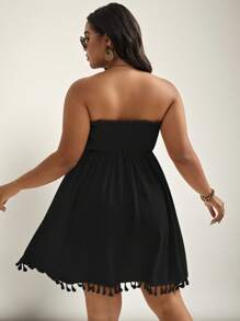 SHEIN VCAY Plus Tassel Trim Waffle Knit Tube Dress,Beach Dress Sundress,Holiday Outfits Boho - Black - View 2