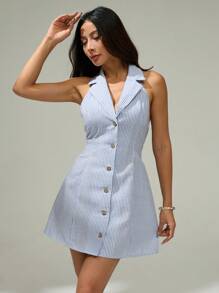 SHEIN PETITE Váy không tay in sọc cho nữ Váy kẻ sọc vải lanh Quần áo mùa thu cho phụ nữ Phong cách Old Money Trang phục giáo viên Quần áo công sở cho phụ nữ Quần áo giáo viên đi làm Văn phòng tối giản Old Money Đơn giản Cotton, Váy mùa hè cho phụ nữ - Xanh và trắng - Xem 6