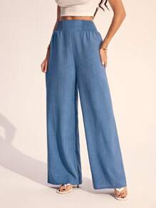 SHEIN Tall 夏季休闲度假腰头蓝色阔腿裤 - 藍色 - 查看 3