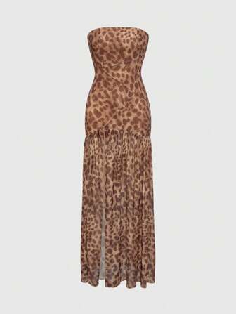 Grunge Punk Summer Graduation Prom Leopard Print Split Front Long Maxi Dress For Women