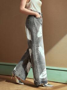 SHEIN BAE Jeans a vita bassa con stampa di piume, gamba dritta e morbida, casual e versatile per tutte le stagioni - Grigio - Visualizzare 5