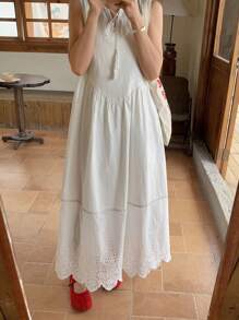 FRIFUL فستان نسائي بأكمام بلا أكمام مع ربطة عنق، مطرز، خصر ضيق، فستان طويل متدفق، ملابس شاطئية للسيدات