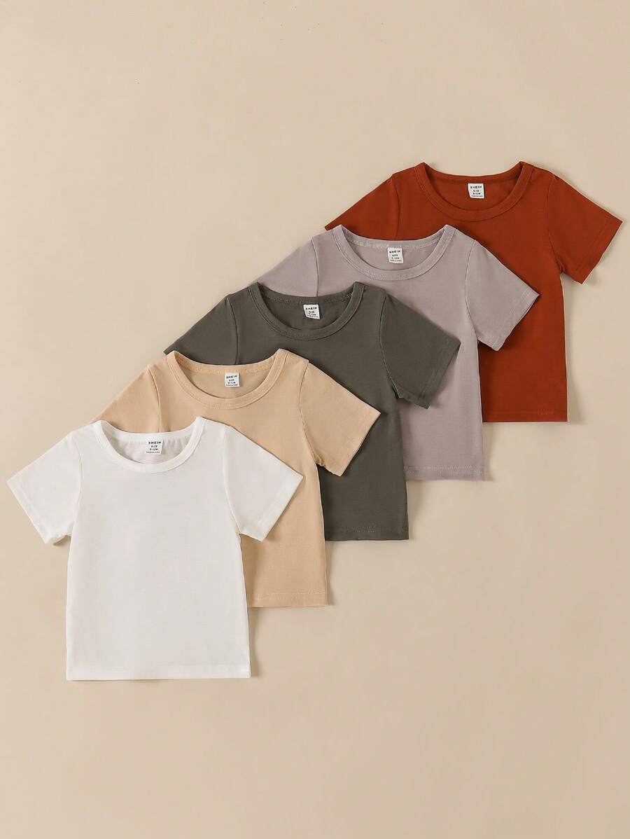 SHEIN Playful Pals 5pcs/Set Kaos Putih Sederhana untuk Anak Laki-laki, Nyaman untuk Musim Semi & Musim Panas, Kaos Bayi - MultiWarna - View 1
