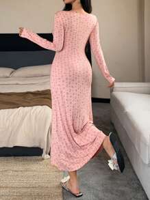 DAZY Camisón de noche con cuello en V largo, drapeado y estampado floral ditsy, para otoño e invierno - Rosa - Ver 2