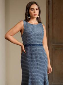 Anewsta Plus Size Stylish Slim-Fit Mid-Length Elegant Sleeveless Jacquard Denim Dress, Suitable For Women In Spring/Summer, Easter - Blue - View 5