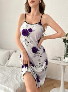 Women's Floral Print Casual Sleeveless Nightgown - Purple - View 4