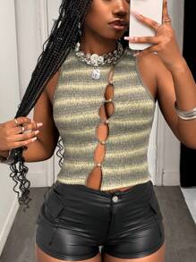 Slaydiva 2025 Summer New Style Bohemian Daily Street Basic Versatile Leisure Vacation Cruise Travel Beach Seaside Sunbathing Popular Online Street Style Round Neck Sleeveless Cardigan Buttons Can Be Opened Gradient Color Texture Fabric Crochet Summer Tops Women's Tops