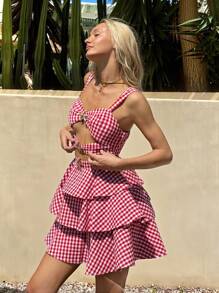 SHEIN EZwear Beach Vacation Outfits Holiday Outfits  Red Plaid Woven Hollow Out Design Slip Dress For Women - Red - View 4