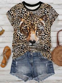 SHEIN LUNE Damen Große Größen Leoparden Muster Grafik T-Shirts, lässige Sommer Tops