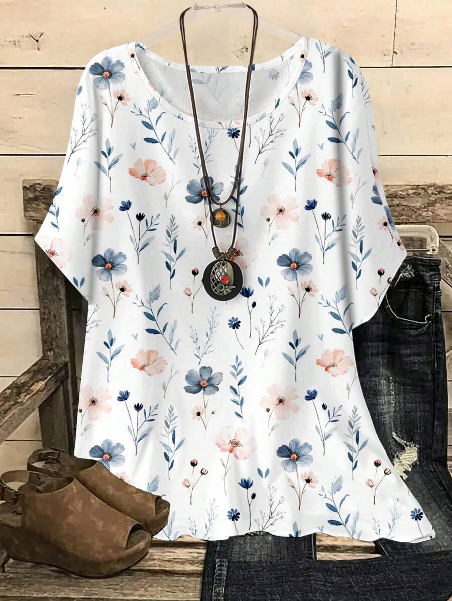 EMERY ROSE Plus Size Floral Print Casual Loose Round Neck Short Sleeve Shirt, Suitable For Summer Chic Blouses For Women - Blue and White - View 1