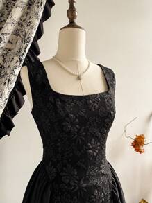 Vintamour Váy nữ thanh lịch cổ điển, váy ba lỗ chắp vá bằng vải jacquard có viền ô, màu trắng, mùa xuân/hè - màu đen - Xem 5