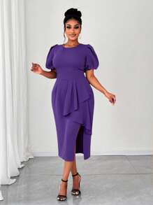 Maweii Vestido ceñido de talla grande para mujer con dobladillo asimétrico, cintura ceñida, elegante para ir al trabajo y de uso casual - Morado - Ver 5