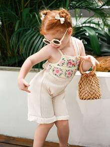 Young Girls Crochet Floral Trim Ruffle Strap Textured Jumpsuit, Pink - Apricot - View 5