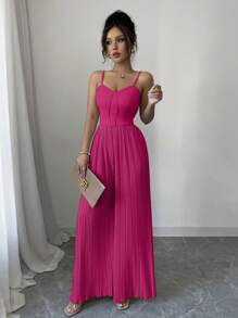 SHEIN Elenzya 女士时尚百褶连体裤，适合春夏季 - 玫紅色 - 查看 5