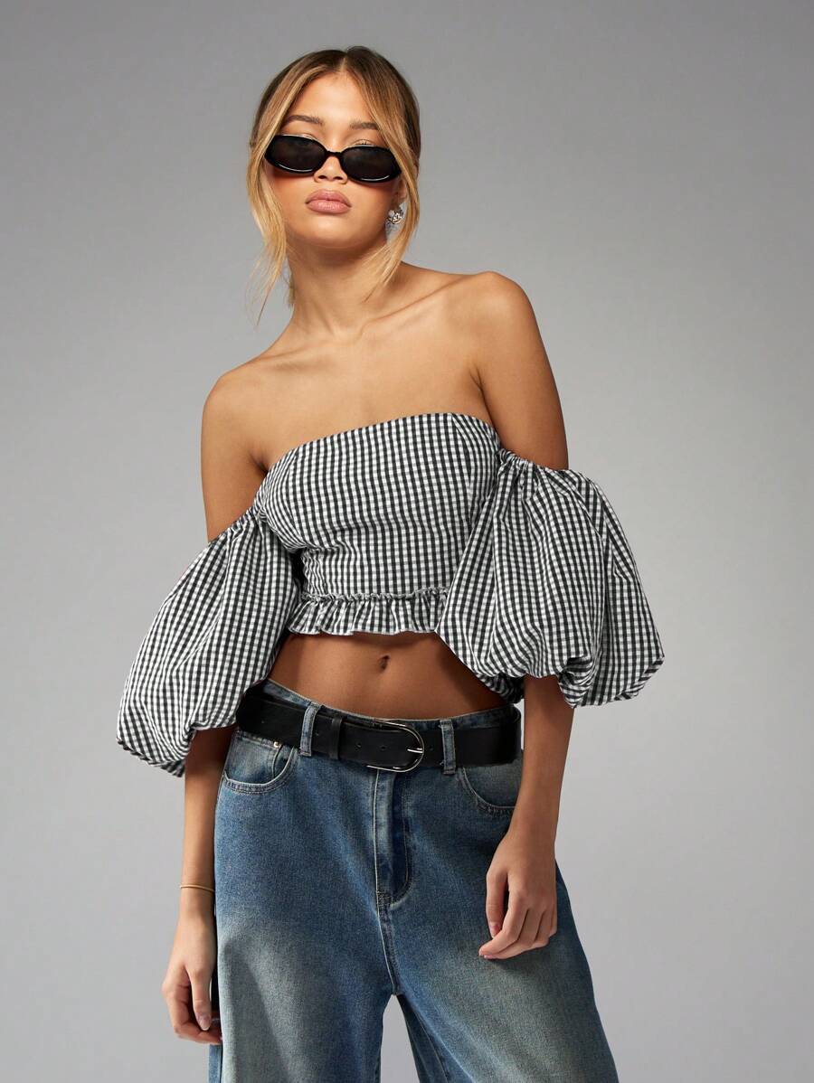MISSGUIDED Gingham Puff Sleeve Bardot Crop Top Ruffle Hem Summer Off Shoulder Festival Brunch Vacation Boutique Fashion Statement - Black - View 1
