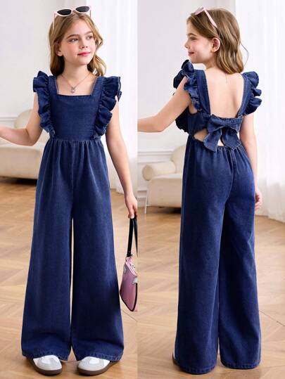 SHEIN Tween 女童春夏假期纯色水洗无袖露背露背连体裤，带蝴蝶结和荷叶边，休闲风格和休闲版型，女童夏季海滩波西米亚风度假休闲装，狂欢音乐会节日装