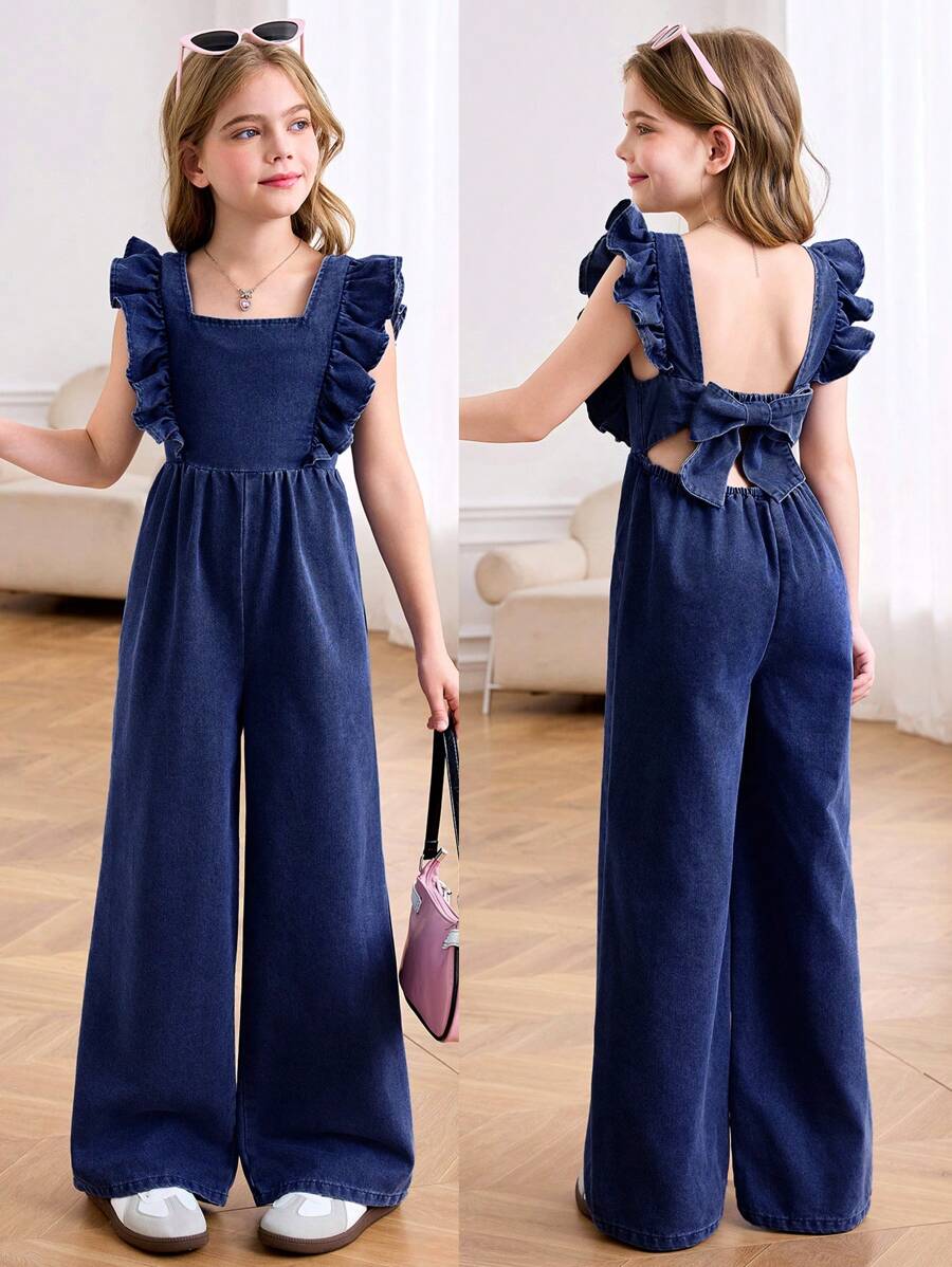 SHEIN Tween 女童春夏假期纯色水洗无袖露背露背连体裤，带蝴蝶结和荷叶边，休闲风格和休闲版型，女童夏季海滩波西米亚风度假休闲装，狂欢音乐会节日装