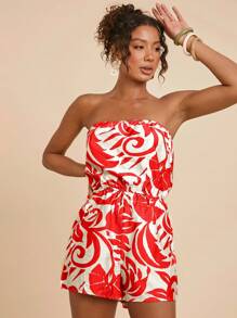 Travachic 女士热带植物印花抹胸连体衣，女士夏季服装，女士度假服装，沙滩装，复活节，女士沙滩装 - 紅白色 - 查看 5