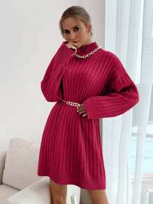 EURMUSE High Collar Drop Shoulder Ribbed Knit Solid Color Sweater Dress,Winter Dresses For Women,Petite - Hot Pink - View 4