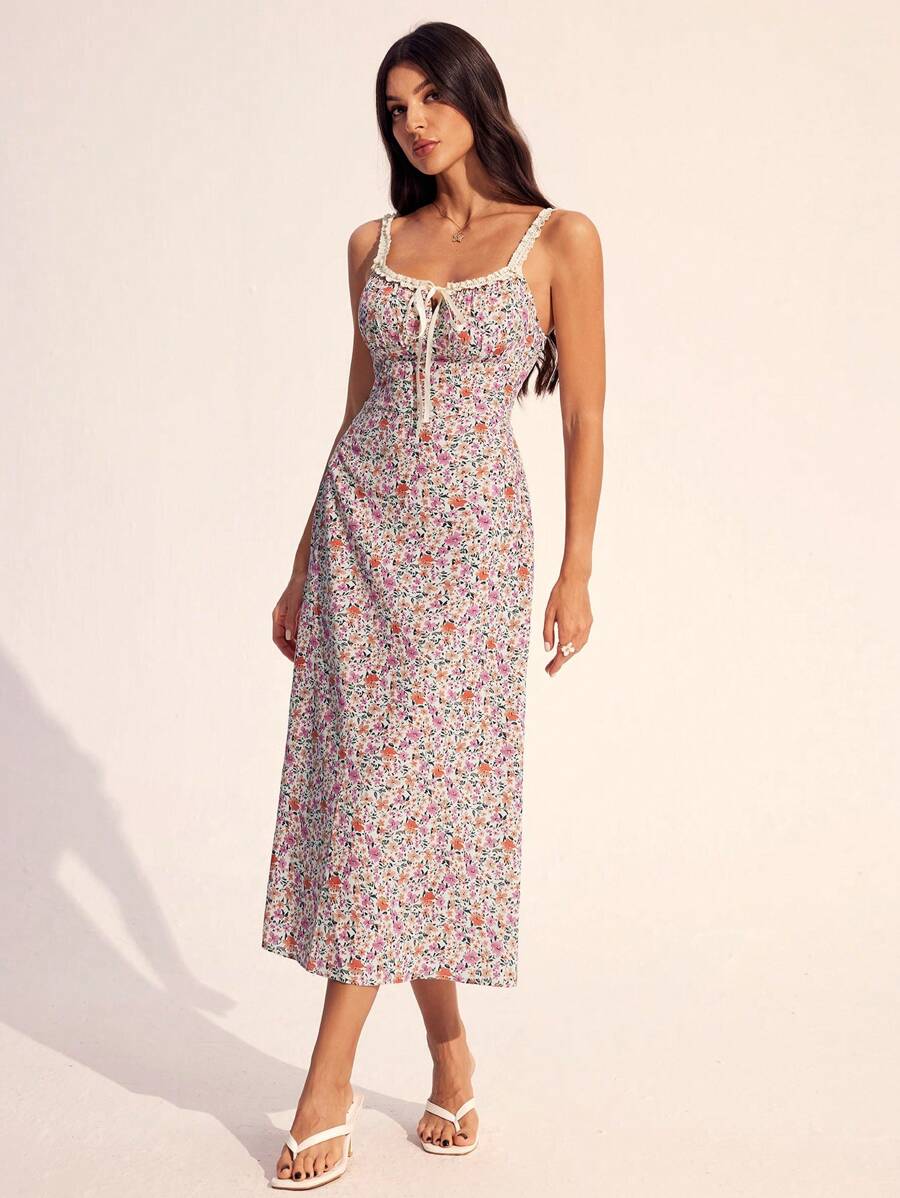 SHEIN Tall Vestido camiseta de verano de mujer con contraste de encaje floral estilo "ditsy" y nudo delantero - Multicolor - Ver 1
