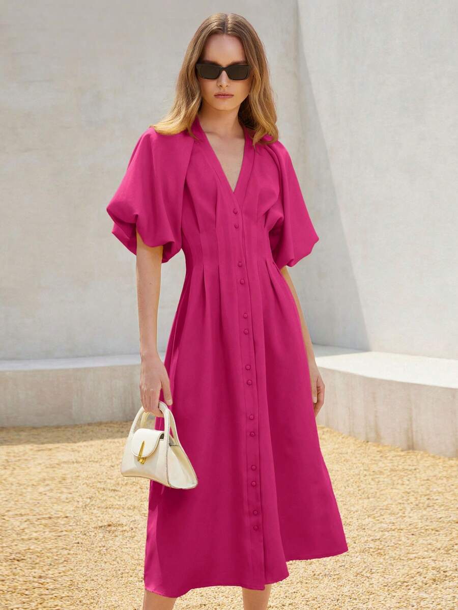 SHEIN Unity 女式纯色雪纺聚拢腰泡泡袖前开长裙 - 紫色 - 查看 1