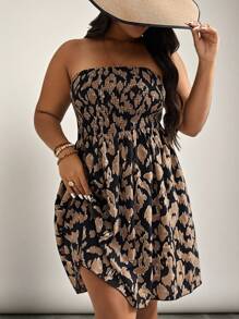 SHEIN VCAY Plus Allover Print Shirred Tube Summer Dress - Brown - View 1