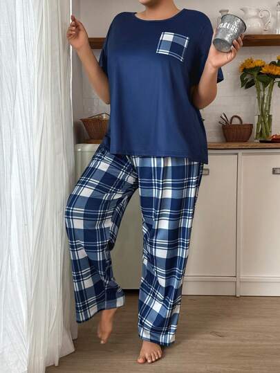 SHEIN Plus Size Women Casual Plaid Pattern Print Top & Pants Pajama Set, Outfits