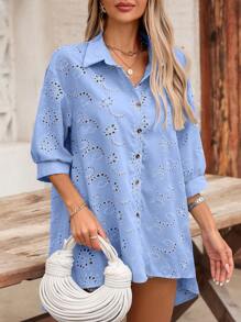 SHEIN VCAY Camicia casual oversize con maniche corte, in colore unito, ricamata e con dettagli traforati, per taglie comode