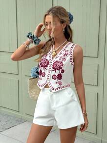 Serisse 女式刺绣 V 领纽扣前休闲无袖衬衫上衣，夏季 - 紅色 - 查看 5